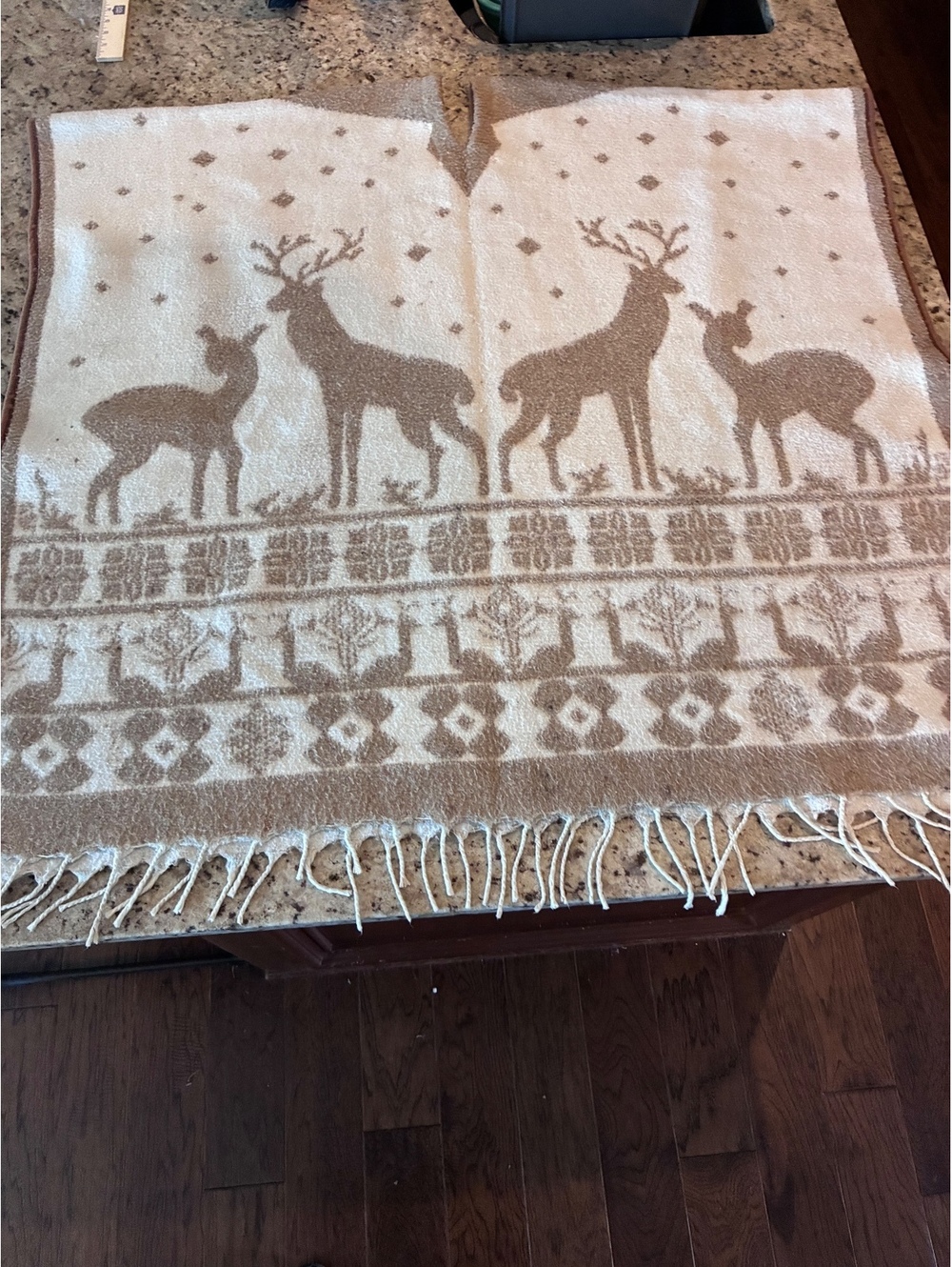 Vintage Brown and Cream Reindeer Pattern Poncho with Fringe